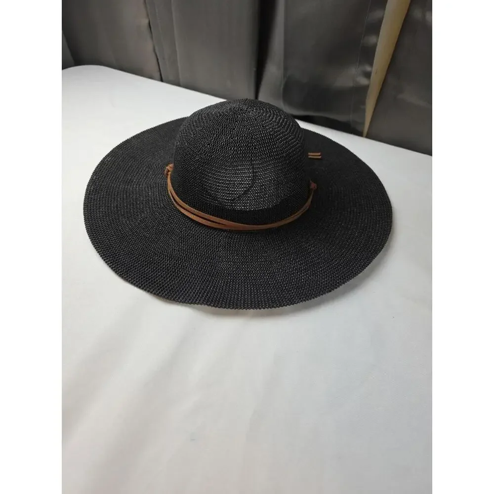 Women's Wide Brim Hat‎ BoHo Festival Brown Faux Leather Band Adjustable EUC
